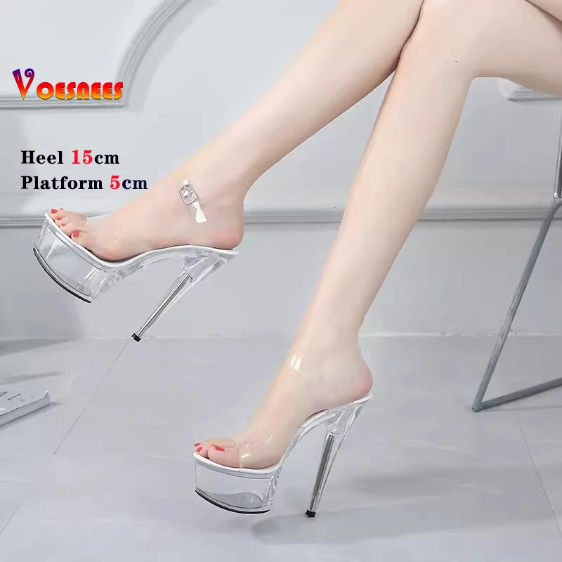 Shoe for Party Club Stripper Heels Women Shoes Platform High Heels Sandals Clear Sexy Pole Dance 15cm High Plus Size Slippers