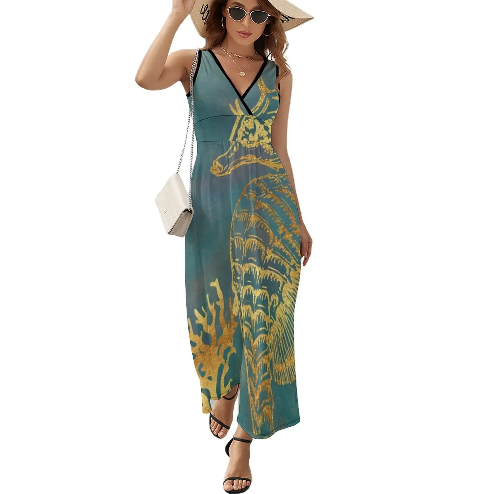 

Deep Sea Life V Golden Seahorse, ocean texture Sleeveless Dress women long dresses