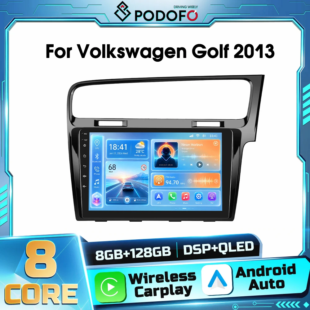 Podofo 8core 8+128G 2din Android Car Stereo Player for Volkswagen Golf 2013Wireless Carplay Android Auto GPS WIFI DSP Bluetooth FM RDS Autoradio