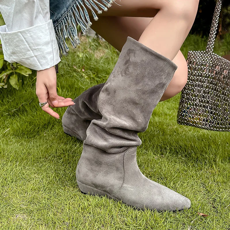 

Arden Furtado 2024 Autumn Suede Wedges Modern boots square-head Pleated Middle heel Knee high boots large size women's boots