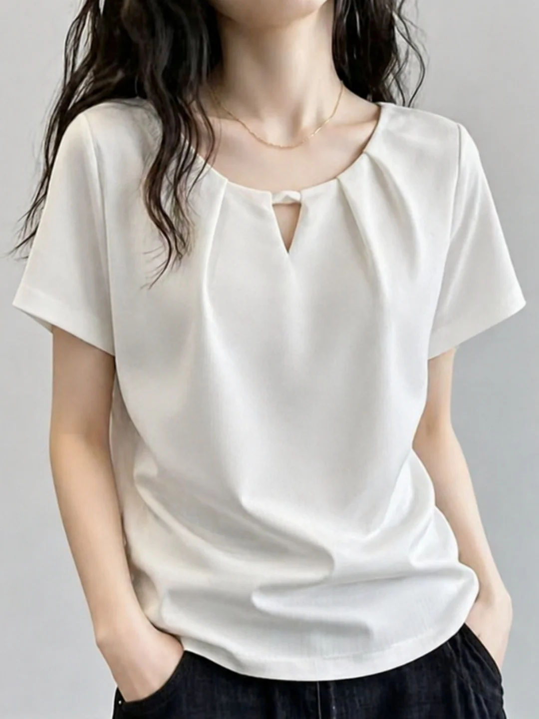 

Elegant Hollow out round Neck Short Sleeve Top Commuter Style Summer T-Shirt Women's Fashion Versatile Lightweight Age-defying