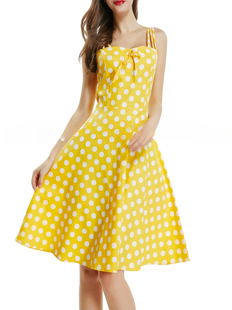 

APRIL MODA Retro Polka Dot Bow Front Spaghetti Strap Party Swing Dresses Women 2024 New Summer Shirred Back Vintage Cotton Dress