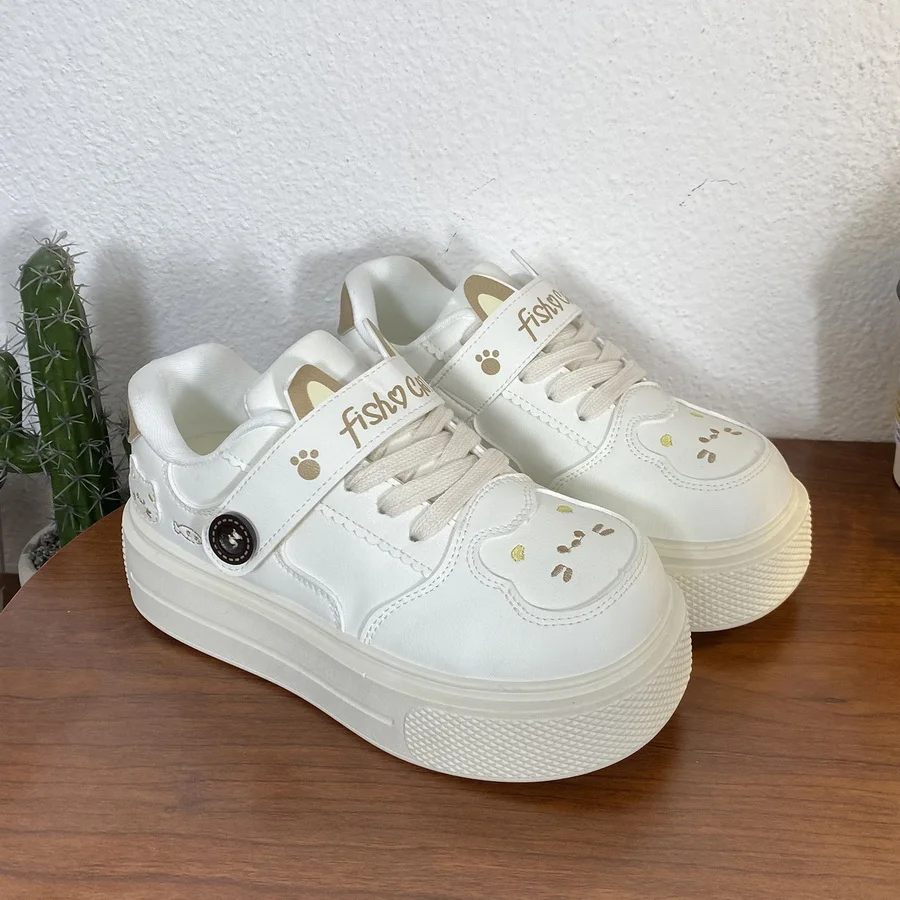 

New sweet kitty paw chunky sneakers woman platform lace up trainers teenager faux leather sports shoes women white cat sneakers