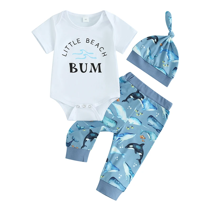 

3PCS Baby Boys Summer Outfit white Short Sleeve O Neck Romper Whale Print Pants Hat Casual Clothes Sets