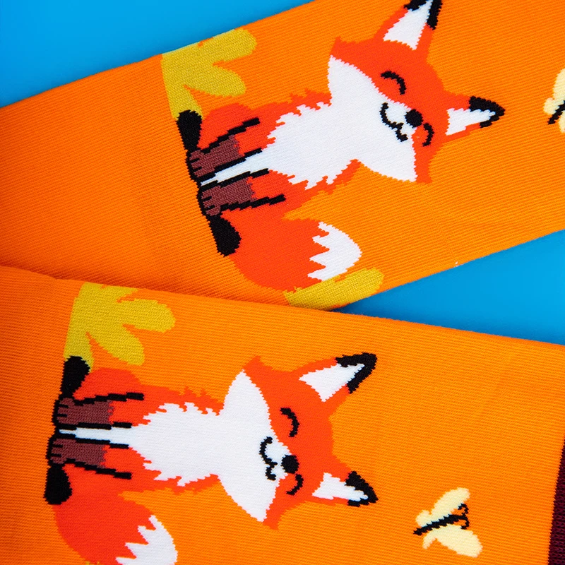1 pair Cute Smiling Fox Mid-Calf Socks - Orange & Brown Contrast Cartoon Fashion Socks for Women - view 5
