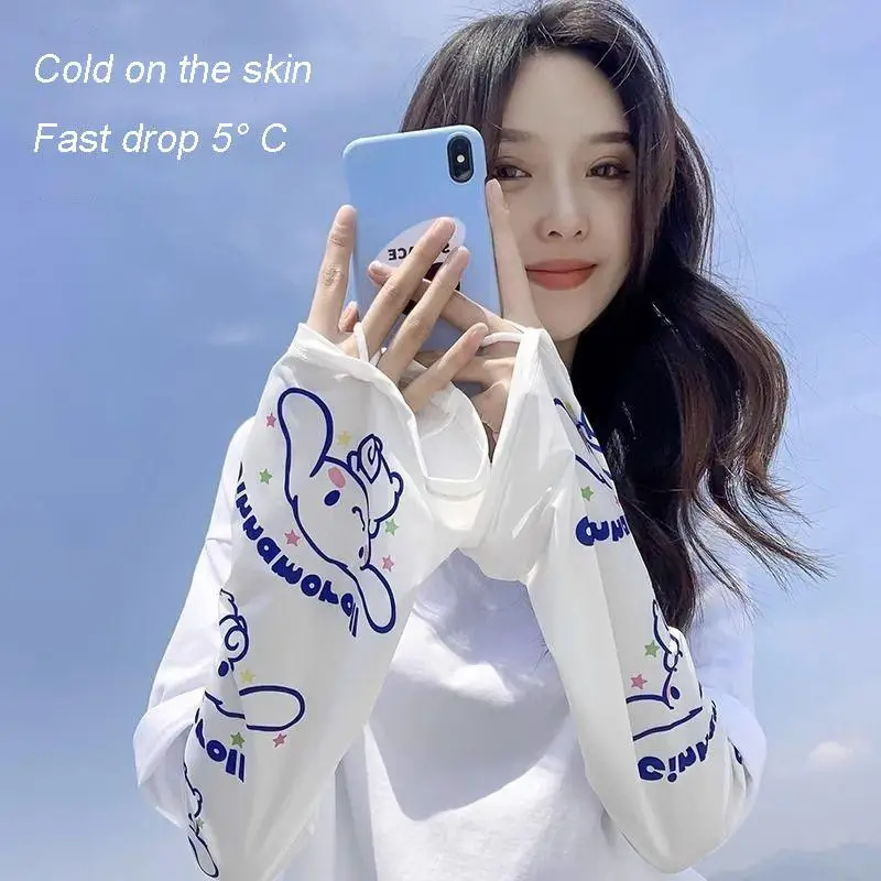 Kawaii Woman Cartoon Sun Protection Ice Sleeves Anime Cinnamoroll My Melody Summer Outdoor Loose Sleeves Riding Ice Silk Sleeves