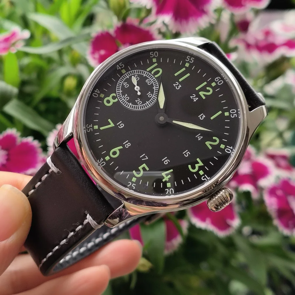 44mm Mechanical Hand Wind Men's watch Black dial green number Green luminous Sapphire crystal ST3600 movement