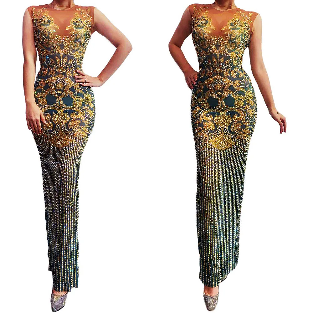 Vestido largo Sexy para mujer, lentejuelas con diamantes de imitación de cristal para fiesta de noche, trajes de Club de cumpleaños, disfraz de graduación, Reina 2026
