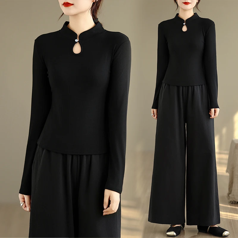 Slim Fit Long Sleeve Chinese Style Women's T-shirt National Fashion Base Shirt Knitted Fabric Polyester Rayon Spandex