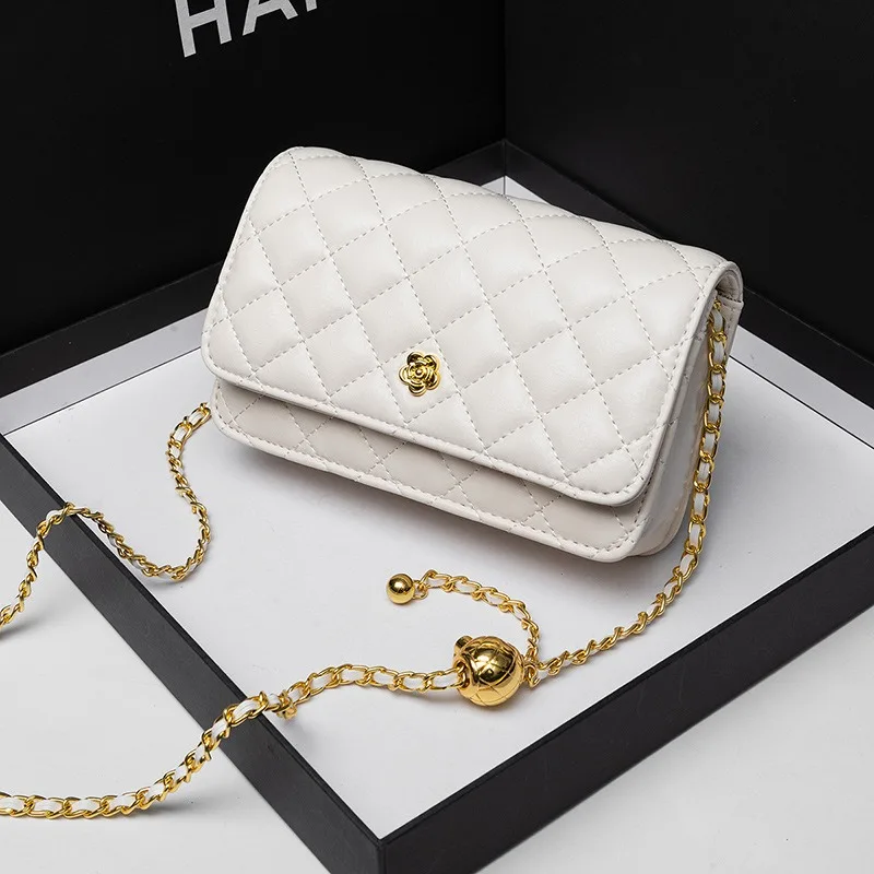 

New diamond grid bag, fashionable golden ball chain shoulder bag, trendy mountain camellia crossbody small square bag