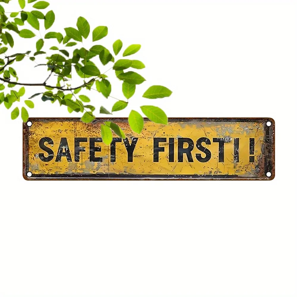 Customizable Safety First Metal Sign 4x16in Yellow UV Print Waterproof Rustic Garage Bar Cafe Wall Art Decor Only Indoor Outdoor