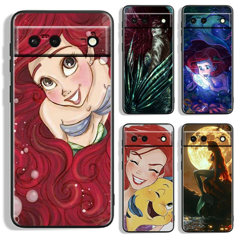 Disney Little Mermaid Ariel For Google Pixel 9 8 7A 7 6A 6 5A 5 4 4A XL 5G Black Silicon Shockproof Shell TPU Phone Case