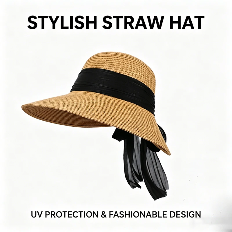 Summer New Style Beach Vacation Sun Straw Hat for Women  Split Brim Bowknot Ribbon Large Brim Sun Hat