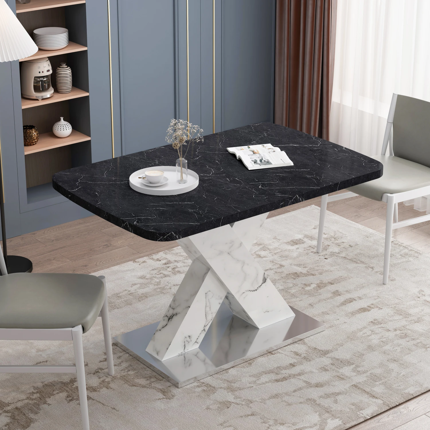 

Modern Square Dining Table,Stretchable,Printed Black Marble Table Top+MDF White X-Shape Table Leg with Metal Base