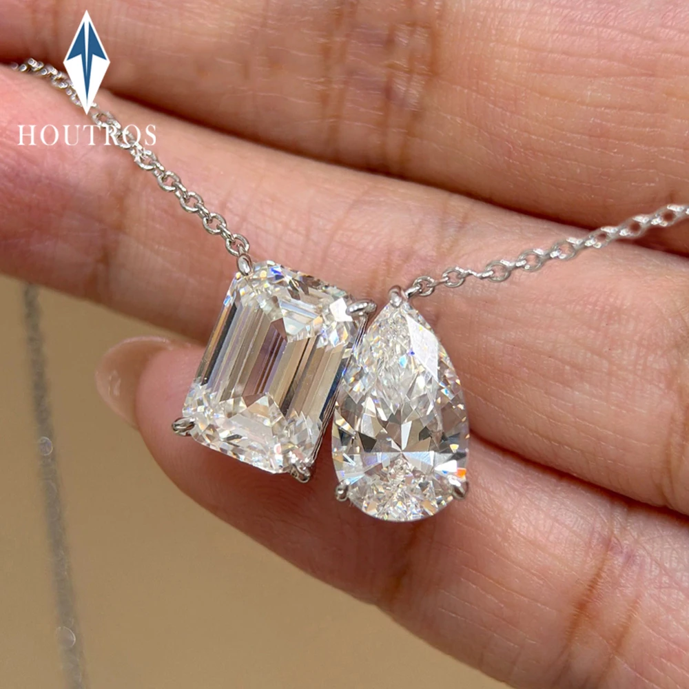 

2-5cttw Radiant/Emerald Pear Cut Moissanite Pendant Necklace for Women S925 Silver 2 Stone Toi Et Moi Necklace Fine Jewelry Gift