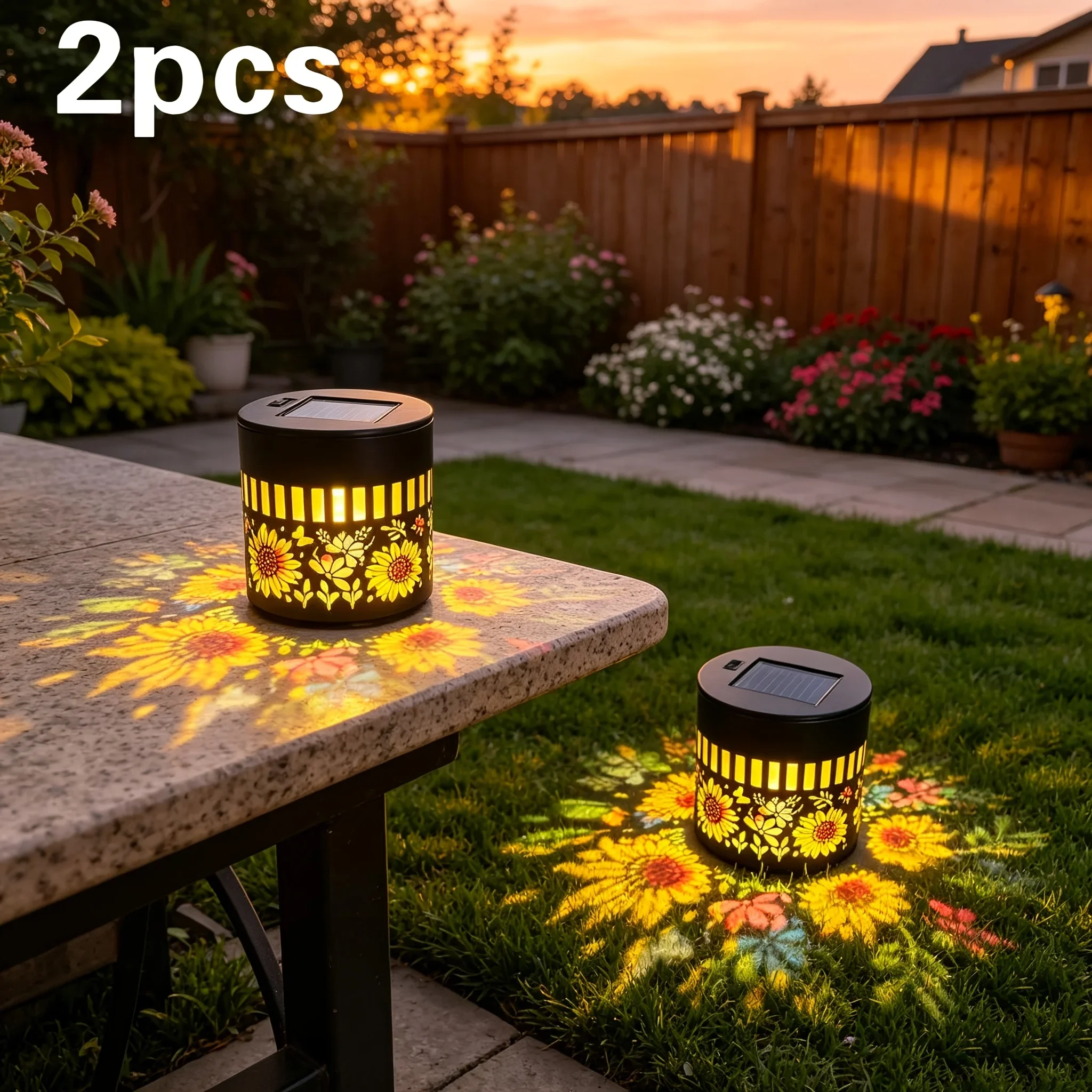 2-Pack Outdoor Courtyard Solar Wall Lights New Upgraded Colorful Sunflower Butterfly Waterdrop Shapes Table Lamp Fence Light Colorful Lighting Effects Ideal for Garden Lawn Dining Table Outdoor Party Decoration