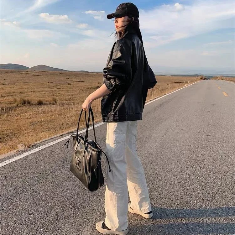 Jaet in pelle marrone retrò da donna Hong Kong Sle New Spring Autumn High Loose American Retro Moto Jaet Top