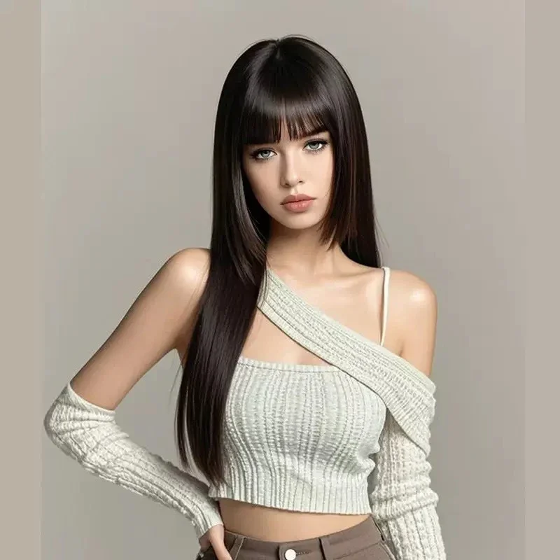 Peruka damska, długa, prosta, z prostą grzywką, do tańca, strój, akcesoria, styl Hime Cut, włosy długie i proste.