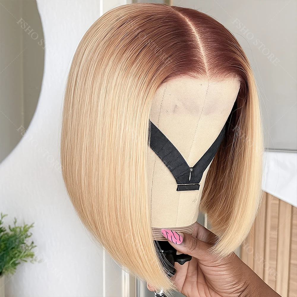 كثافة 200% # 4/613 شقراء قصيرة بوب خصلات الشعر المستعار الإنسان للنساء 13x4 شعر مستعار دانتيل شفاف أومبير العسل شقراء مع الباروكات البني #1