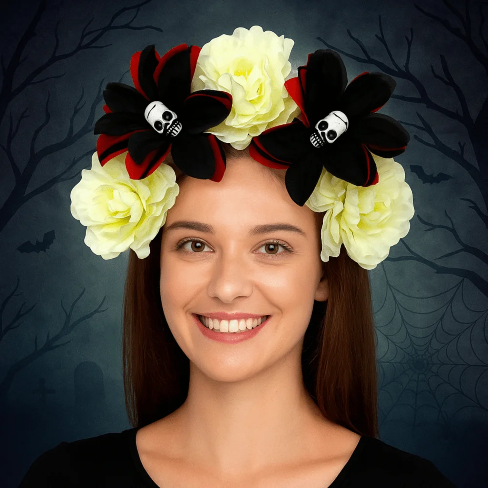 

Exaggerated Skull Head Headband Halloween Decor Colorful Halloween Hair Hoop Simulation Flower Funny Gothic Flower Hairband