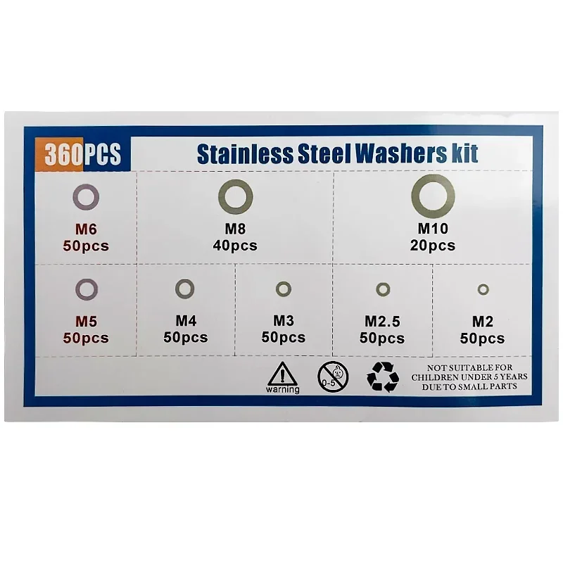 360 шт./коробка, Набор Шайб из нержавеющей стали M2 M2.5 M3 M4 M5 M6 M8 M10