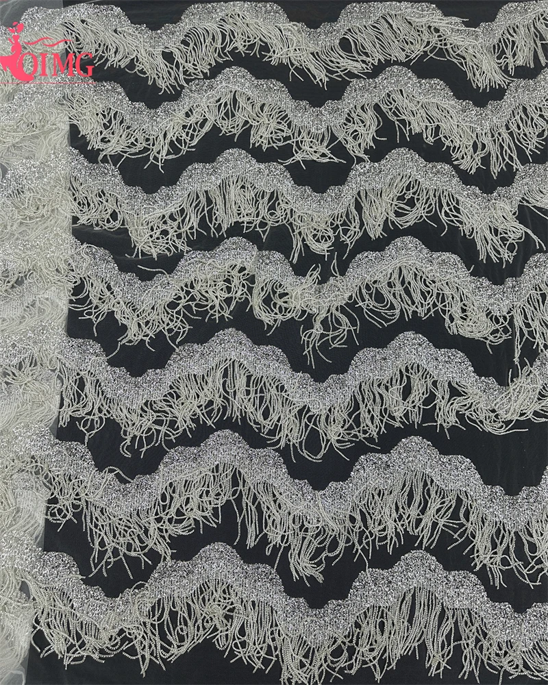 OIMG African Sequins Lace Fabric 2024 High Quality Embroidery Beaded Nigerian French Tulle Lace Material for Wedding Dress