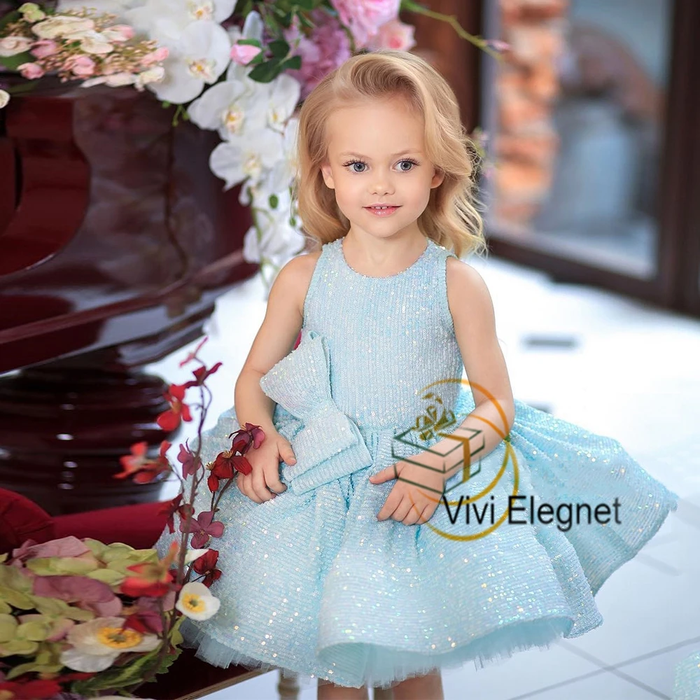 Sky Blue Cute Flower Girl Dresses Summer Tiered Glitte Sleeveless Wedding Party Gowns 2023 Summer New Communion فساتين بنات صغا