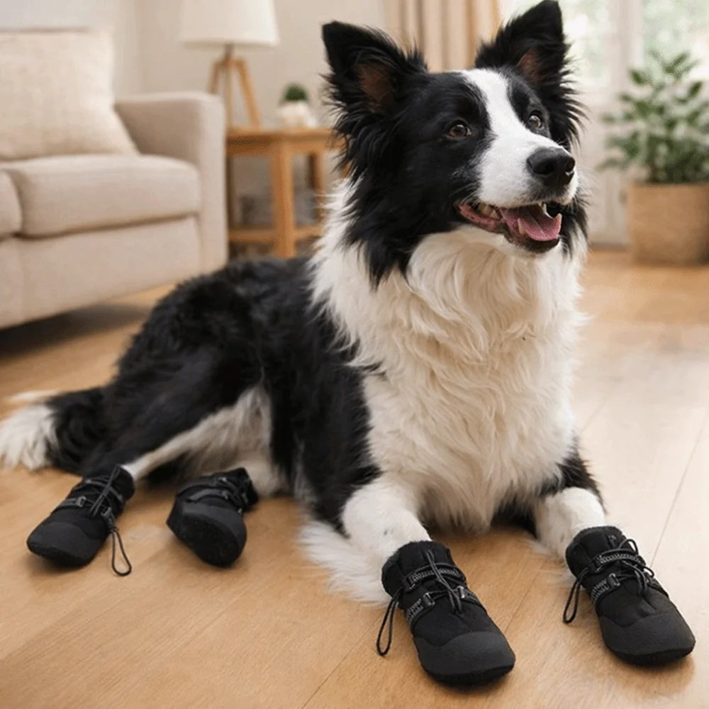 4pcs/set Reflective Waterproof Dog Shoes Warm Breathable Anti-Slip Dog Boots Wear Resistant Adjustable Wound Recovery Boot
