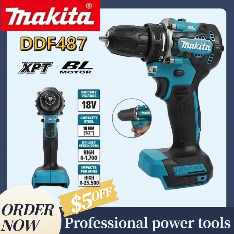 Taladro Inalámbrico Recargable Makita DDF487, Atornillador de Impacto sin Escobillas, Herramienta Eléctrica Profesional, Compatible con Batería Makita