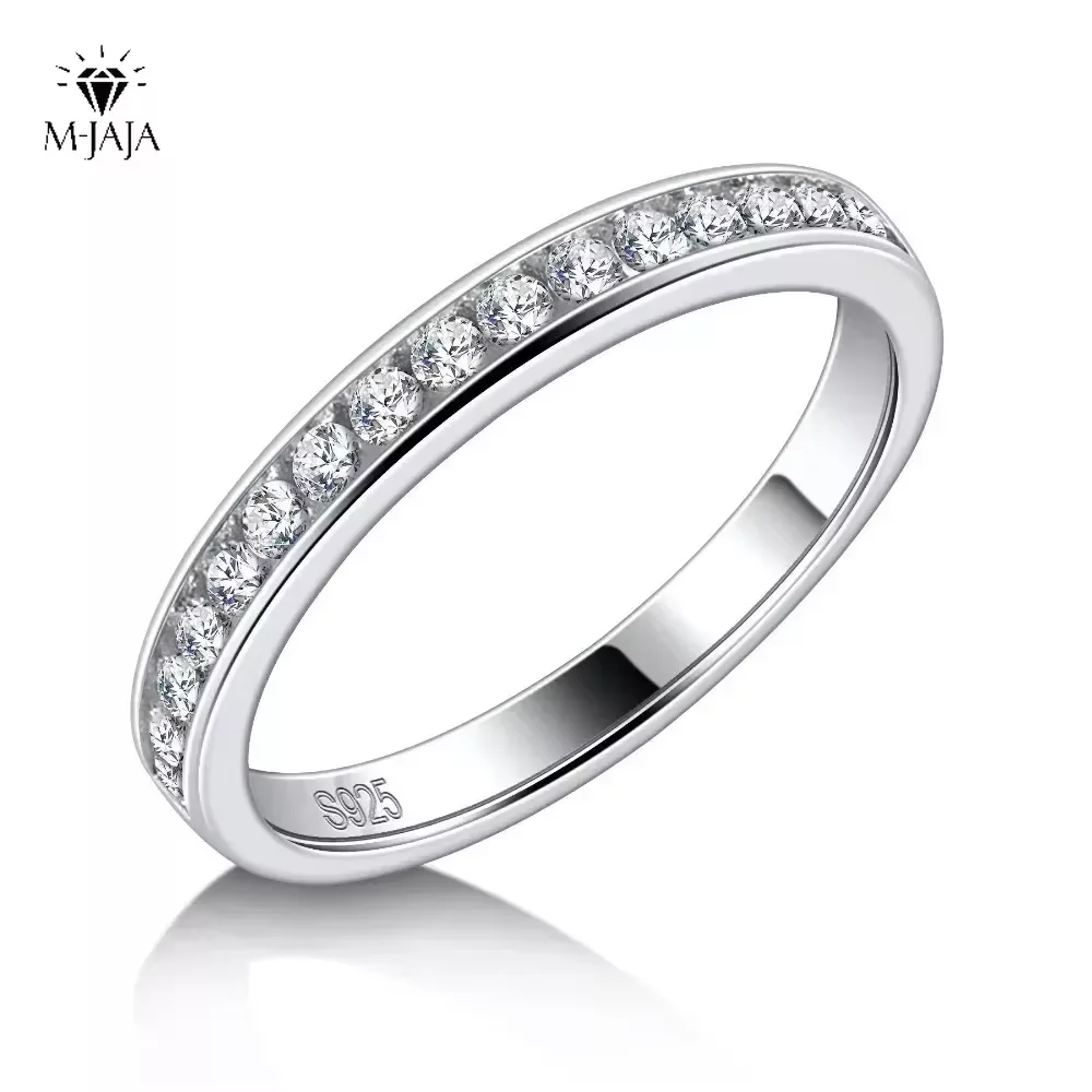 M-JAJA 1.7mm Moissanite Half Eternity Wedding Bands 925 Sterling Silver 18K White Gold Plated D Color Lab Diamond Ring Jewelry
