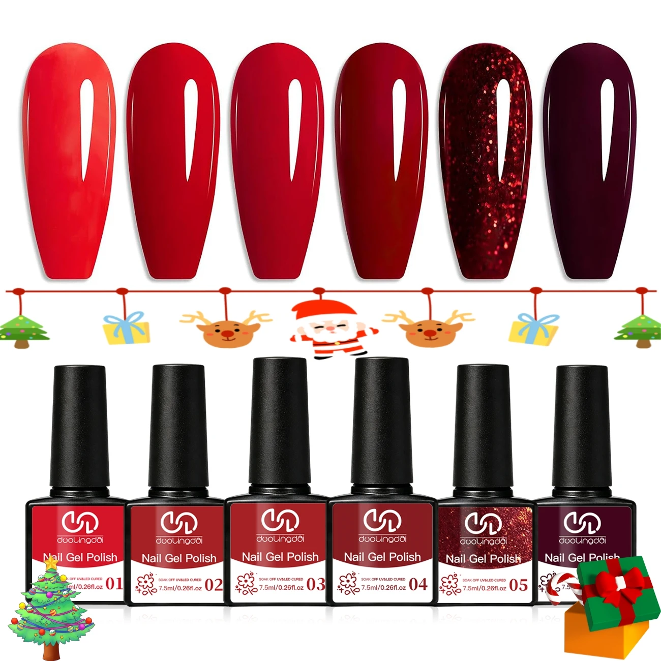6Pcs Xmas Red Burgundy Gel Nail Polish Set, Bright Cherry Sparkly Glitter Wine Red UV LED Soak‑Off Gel Kit for Christmas