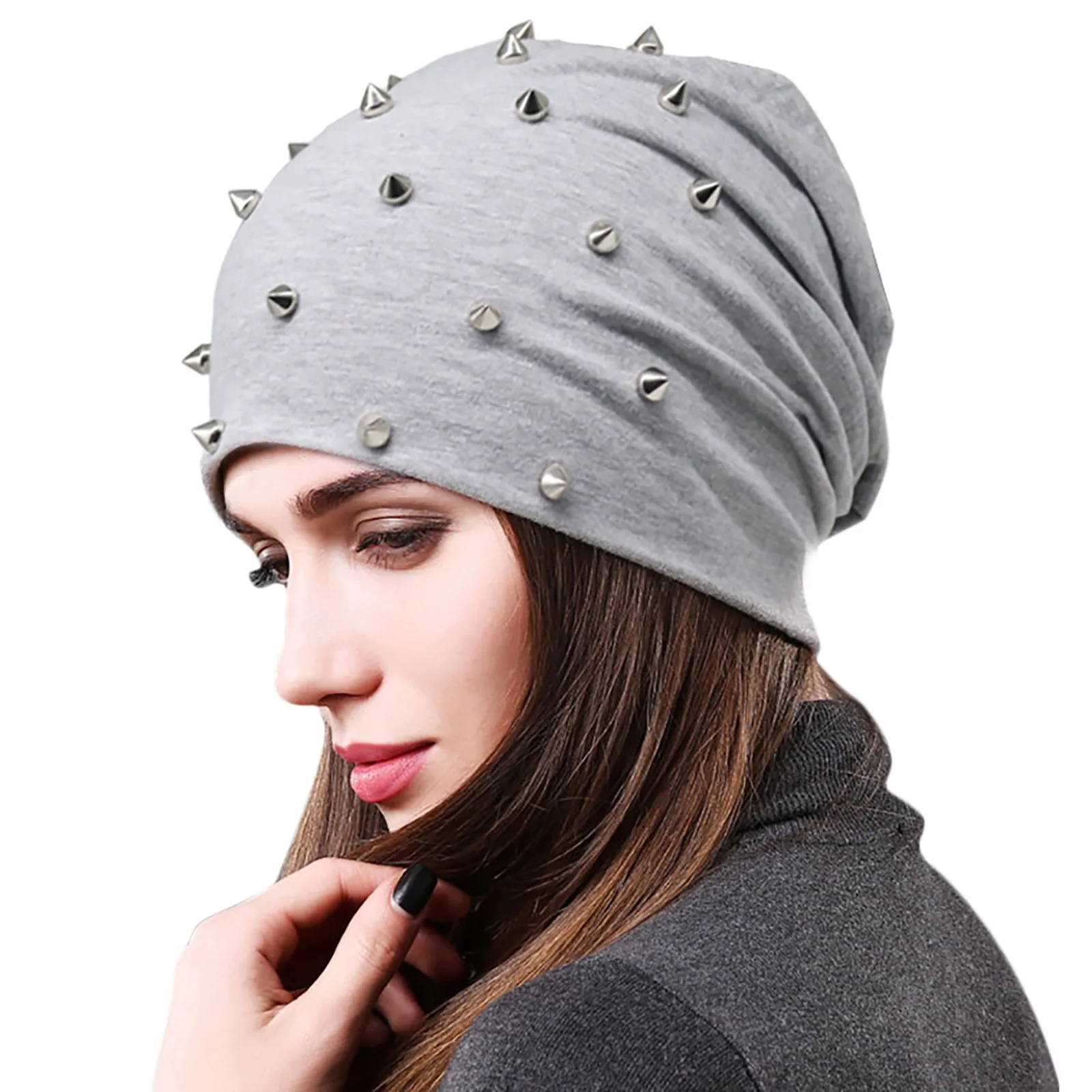 New Autumn Women's Rivet Beanie Hat Casual 95% Cotton Slouchy Hats with Applique Outdoor Street Punk Style Skullies Beanies