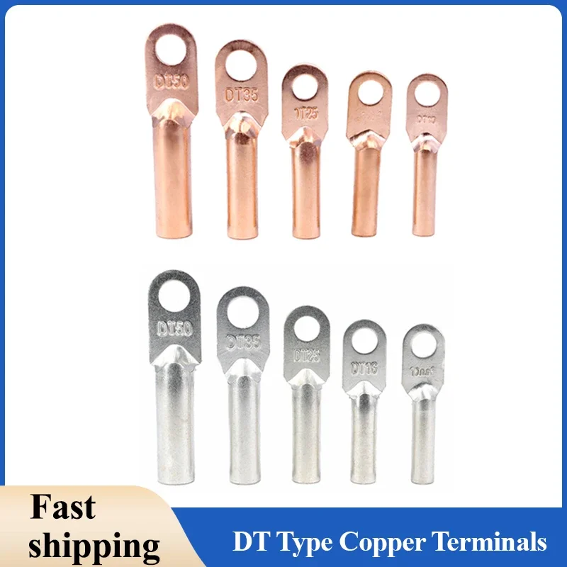 

Copper Tube Wire Terminal DT-10 16 25 35 50mm² Crimp Splice Block Bare Bolt Hole Nose Tube Lug Cable Connector Hole 8.5mm 10.5mm