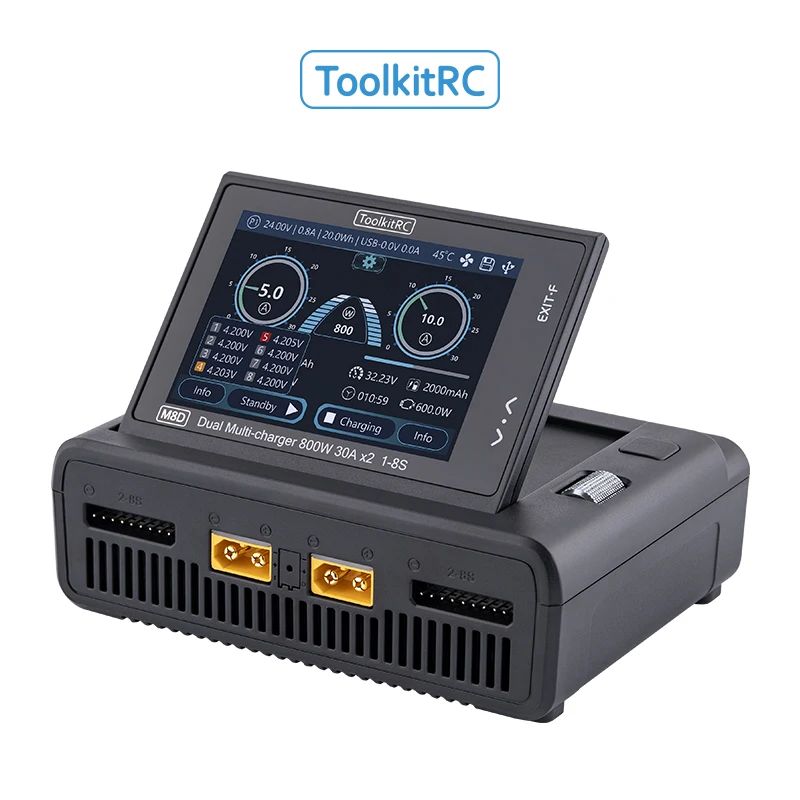 ToolkitRC-pantalla táctil M8D de 1600W, cargador de doble canal de 50A, pantalla abatible de 3,5 pulgadas, cargador rápido de 65W para batería Lipo