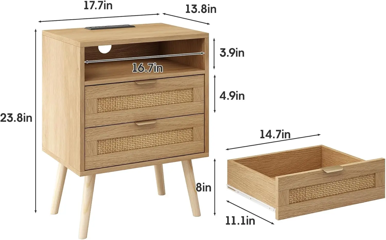 Rattan Nightstand with Charging Station USB Port Led Lights and 2 Storage Drawers, Bedroom Furniture Night Stand Bedside Table E