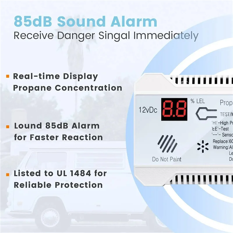 M05K 3X Propane Detector 12V LPG Natural Gas Sensor Leak Alarm 85DB Siren For Car RV Home Digital Propane Tester Meter(White)