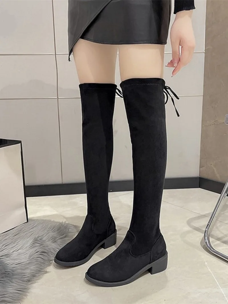 2025 Faux Suede Female Heels Autumn Zipper Elastic Knee-high Boots for Women Tube Lace-up Thigh Gigh Boots Black Botas Mujer 41