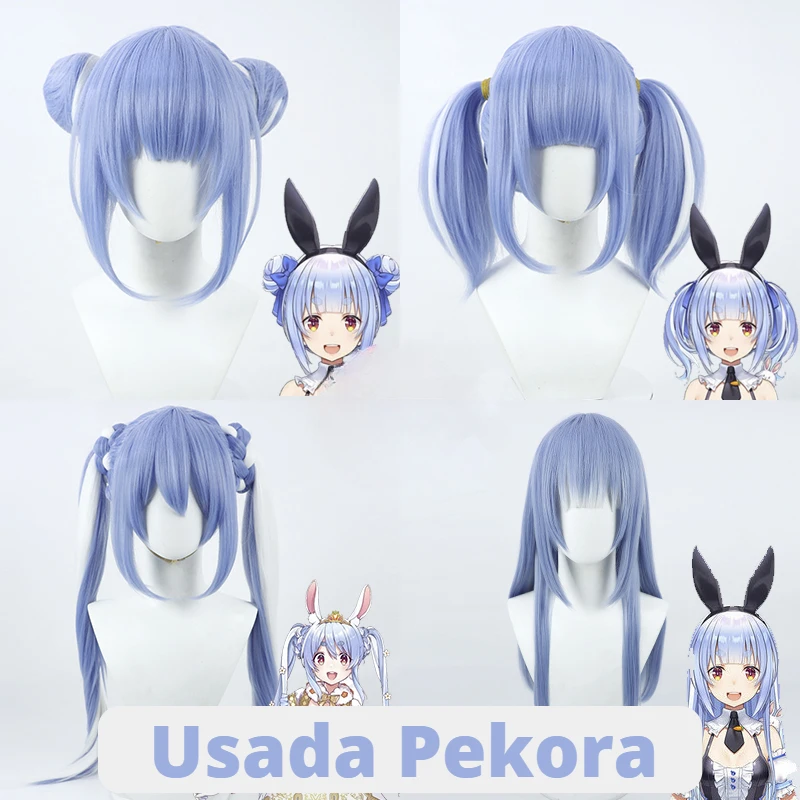 

Usada Pekora Cosplay Wig Hololive VTuber Blue White Mixed Heat Resistant Synthetic Hair Halloween Party Role Play Wigs + Wig Cap