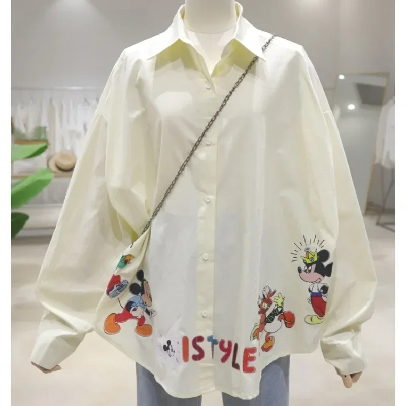 Popular Design White Blouse Cartoon Printing Top 2024 Early Autumn New Loose Casual Cotton Long-sleeved Shirt Women's Clothes