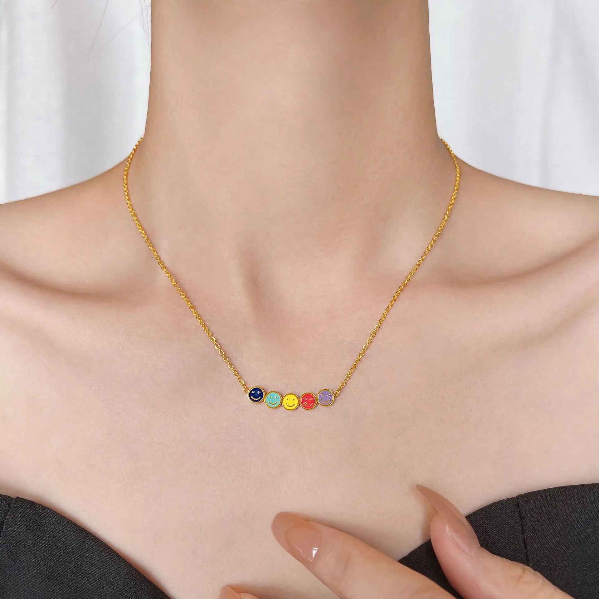 Ins Colorful Smile Face Necklace For Women Trendy Stainless Steel Gold Color Dripping Oil Chain Clavicle Necklace Jewelry Gift
