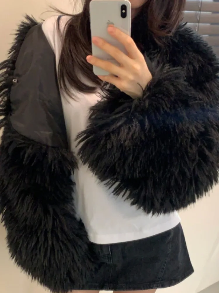 Ele ort Pure Color Fur Jaet Damski Luźny Rozpinany Kardigan Zimowy Płaszcz Koreańska Moda Miękki Materiał