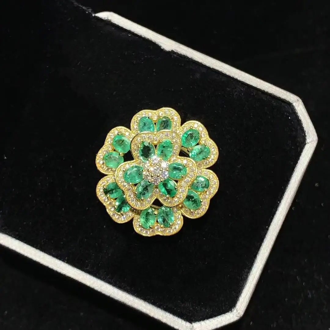

Natural Emerald Ring Floral Heavy Craft, 925 Sterling Silver Light Luxury Fashion Jewelry