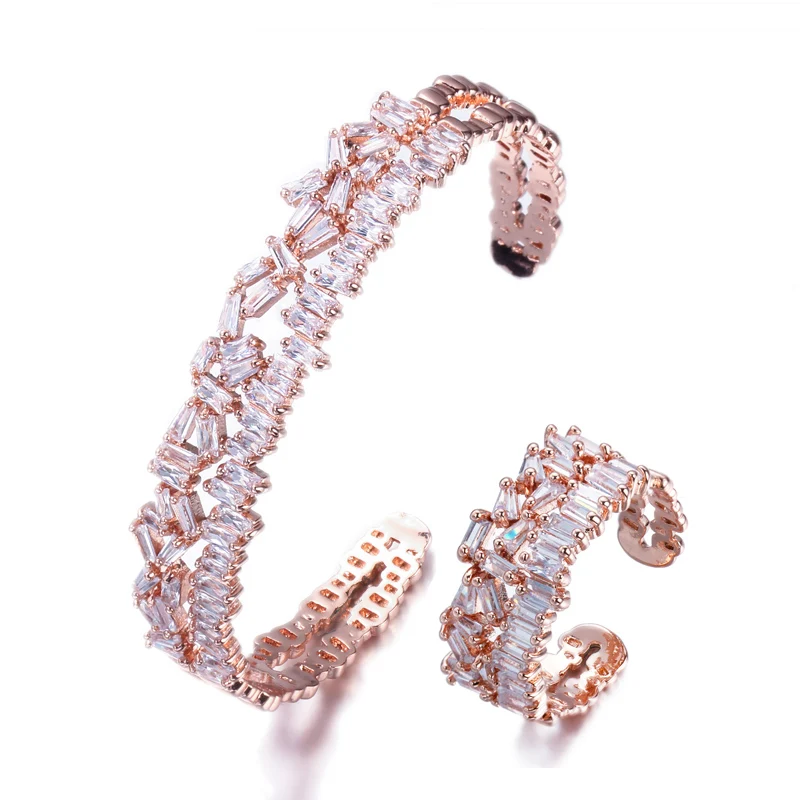 ThreeGrace Fashion Sparkling Cubic Zirconia Adjustable Size Bangle Ring Set for Women New Trendy Wedding Party Jewelry JS538