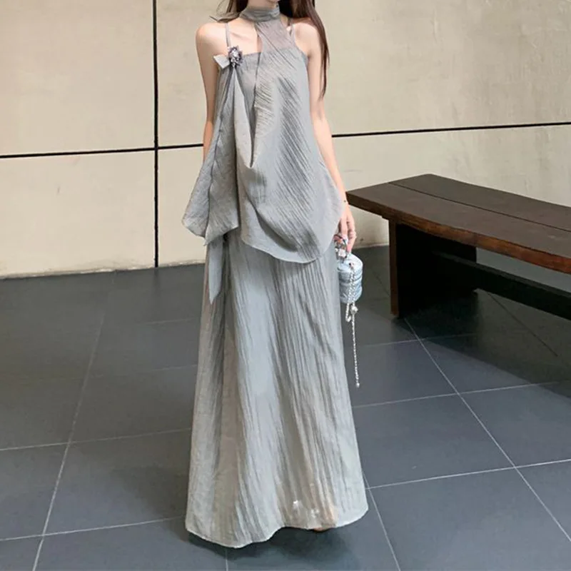 

Two Piece Sets Women Skirt Set Elegant Dress Sets Irregular Sling Tops Long Skirts A Line High Waist Casual Y2k Streetwear