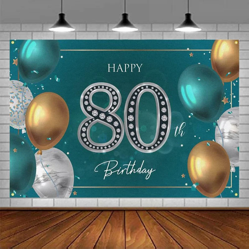 Photography Backdrop Happy 80 Years Old 80th Birthday Decorations Party Supplies Banner Background For Women Men - Green Silver