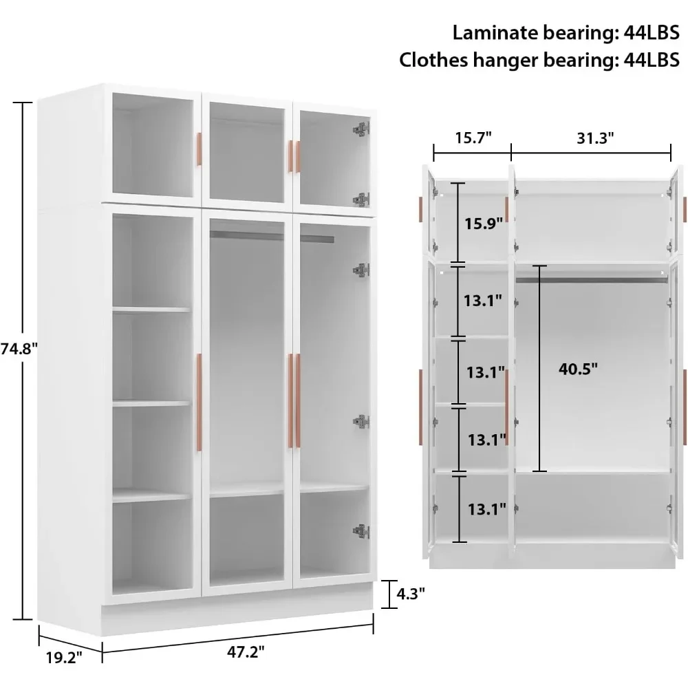 Glass Wardrobe Closet with Lights and Glass Doors and Shelves,Closet with Hanging Rod,Armoire for Cloakroom White and Rose Gold