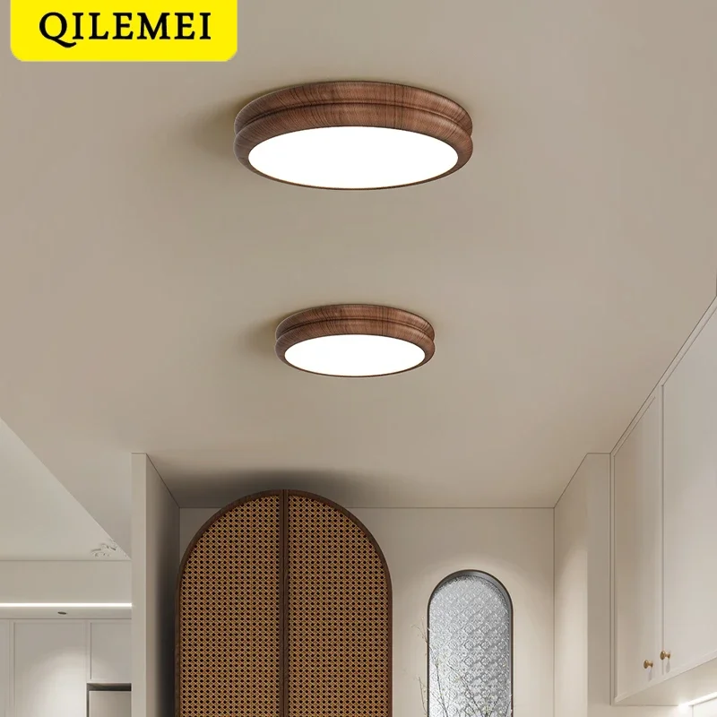 French Style Bedroom LED Ceiling Light Walnut Wood Color Retro Lamp Bedroom Living Room Dining Room Circular lighting fixture