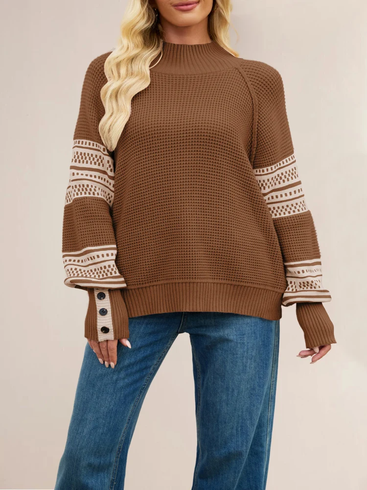 

New Autumn Winter Loose Patchwork Lantern Sleeve Half-high Collar Women's Pullover Knit Sweater, Vintage Casual Lady Tops