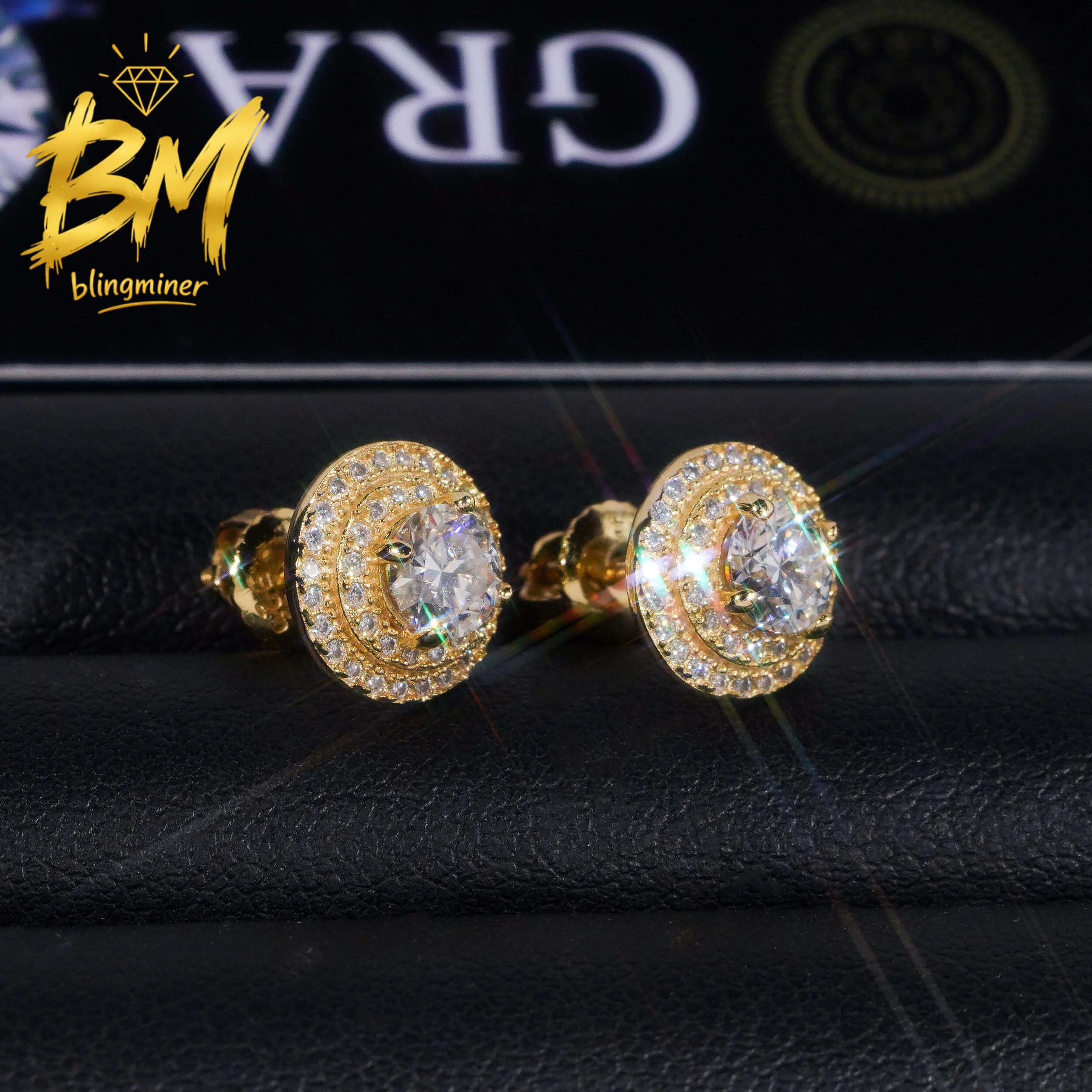 Blingminer Two Row Halo 5mm Center S925 Silver VVS Moissanite Earrings For Men Women Ear Studs Jewelry Pass Diamonds Tester GRA