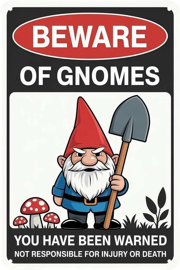 Beware of Gnomes tin Sign Vintage Funny Garden Gnome Metal Signs Outdoor Wall Sign for Home Kitchen Bar Cafe Garden Patio Wall D